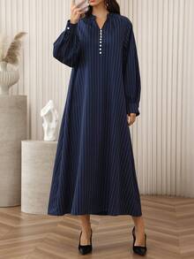 SHEIN Najma 秋冬立领纽扣长袖条纹印花喇叭形女式阿拉伯连衣裙 - 藏蓝色 - 查看 2