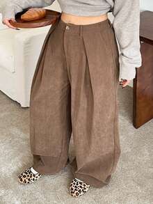 Dazy Plus Quần ống đứng nhung dày màu trơn cỡ lớn cho nữ, mùa thu/đông - Màu Khaki - Xem 7