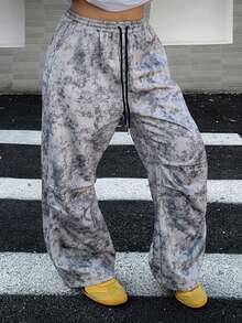 Dazy Plus Asymmetrische Batik-Elastikbund Kordelzug Loose Street Style Große Größen Frauen Plissee Lang Jogginghose - Grau - Übersicht 6