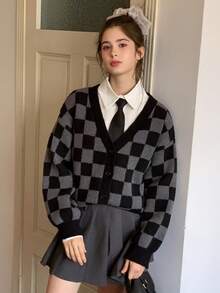 Dazy Kids 少女格纹落肩长袖休闲宽松针织开衫，秋冬 - 灰色 - 查看 4