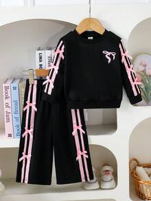 Baby Girls' Pullover Hoodie With Bow Decor And Wide Leg Pants Set, Spring/Autumn Baby Girl Sweat Set Baby Girl Tracksuit Two Pieces Sets Baby Clothes Girl Black White And Pink Baby Girl Clothes With Bows Fall Winter - Black - View 1