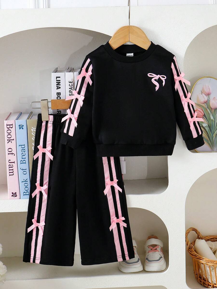 Baby Girls' Pullover Hoodie With Bow Decor And Wide Leg Pants Set, Spring/Autumn Baby Girl Sweat Set Baby Girl Tracksuit Two Pieces Sets Baby Clothes Girl Black White And Pink Baby Girl Clothes With Bows Fall Winter - Black - View 1