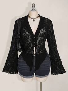 SHEIN ICON 加大码女式生菜边不对称下摆透明喇叭袖单排扣性感衬衫（不含胸罩） - 黑色 - 查看 1