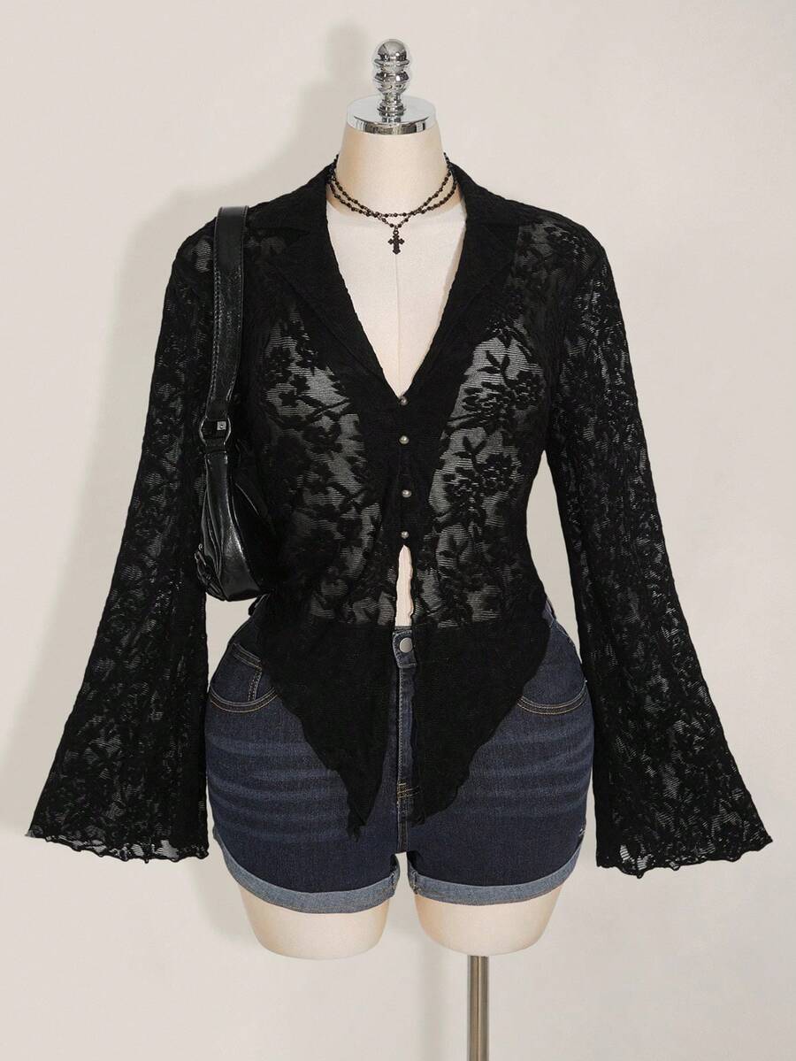 SHEIN ICON 加大码女式生菜边不对称下摆透明喇叭袖单排扣性感衬衫（不含胸罩） - 黑色 - 查看 1