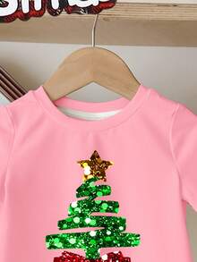 SHEIN Kleine Mädchen Happikins Fröhliche Weihnachten süßer glitzernder strukturierter Stern & Schleife Weihnachtsbaum Muster pudrig rosa festliche lässige minimalistische Rundhals Kurzarm T-Shirt, geeignet für Sommer Weihnachten - Verschiedenfarbig - Übersicht 4
