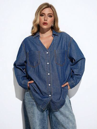 Maija 大码蓝色牛仔衬衫上衣秋季长袖衬衫休闲职场装#ChicAutumn