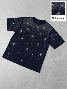 Manfinity Roghcode 1 件男士休闲宽松短袖 T 恤，黑色，水钻装饰，超大宽松廓形，成熟街头风格，适合通勤、日常穿着、返校、度假，是送给男朋友/丈夫的绝佳礼物，情侣装 - 藏蓝色 - 查看 3