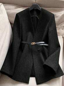 Franclia 女士优雅V领修身大衣，秋冬款 - 黑色 - 查看 1