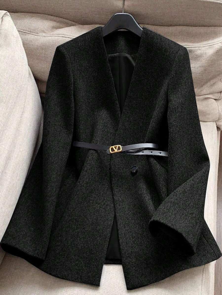 Franclia 女士优雅V领修身大衣，秋冬款 - 黑色 - 查看 1