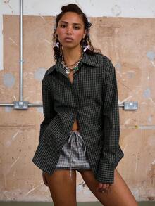 COUREZ 长袖修身格子衬衫 / 女士 Y2K 复古外出上衣 优雅外出装 - 黑色 - 查看 2
