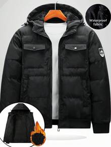 Manfinity Homme 男士保暖连帽绗缝外套，多口袋设计，宽松休闲百搭长袖羽绒服，适合商务、通勤和日常穿着，黑色法兰绒，秋冬款 - 黑色 - 查看 3