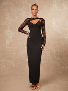 Lumalex Winter Fall Asymmetrical Lace Patchwork Long Sleeve V-Neck Bodycon Dress For Women Long Sleeve Formal Dress Black Long Dress Elegant Black Formal Evening Gown Black Wedding Guest Dress  Luxury Prom Gathering Party Banquet Modest Old Money Coquette Glitter Holiday Party Rave Festival Outing Vacation Hot Outdoor Richly Layered Wedding Season Banquet ID Al-Adha Al-Adha Party New Year ANCORA Red Bordeaux Red BURGUNDY Red Party Must Have Perfect For Frosty Days - Black - View 5