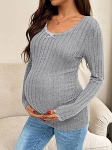 SHEIN Stylish Light Grey Maternity Top Long Sleeve Scoop Neck Knitted Fabric With Elegant Lace And Bow Accent