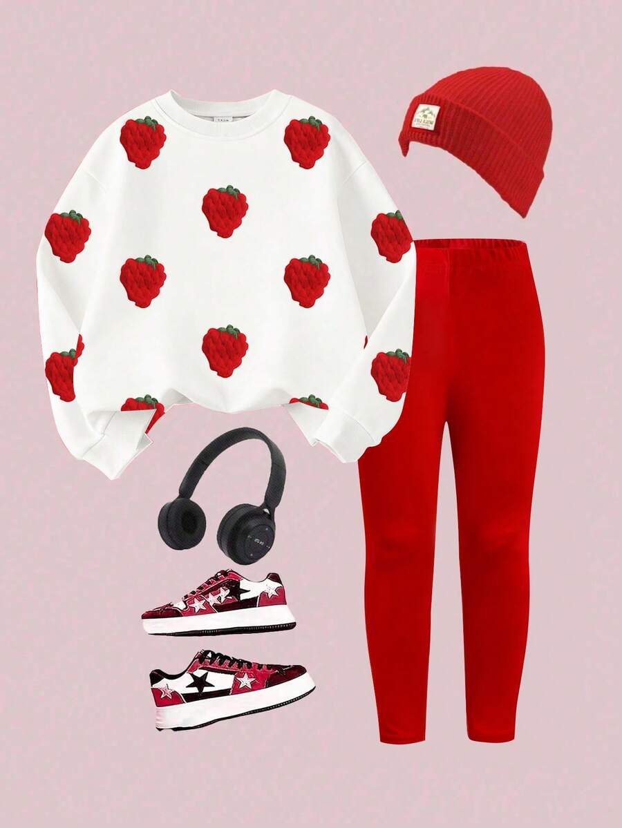 SHEIN 2pcs Young Girls Casual Fashionable Sweet Cute Strawberry Print White Crew Neck Sweatshirt And Red Leggings Set, Autumn/Winter Girls Sweatshirt And Pants Two Pieces Outfit - Multicolor - View 1
