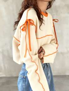 FRIFUL 女士宽松圆领撞色蝴蝶结长袖T恤