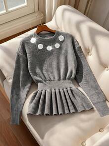 Lyxana Women's Elegant Ruffle Hem Beaded Floral Embellished Fitted Knit Sweater, Autumn/Winter - Grey - View 1