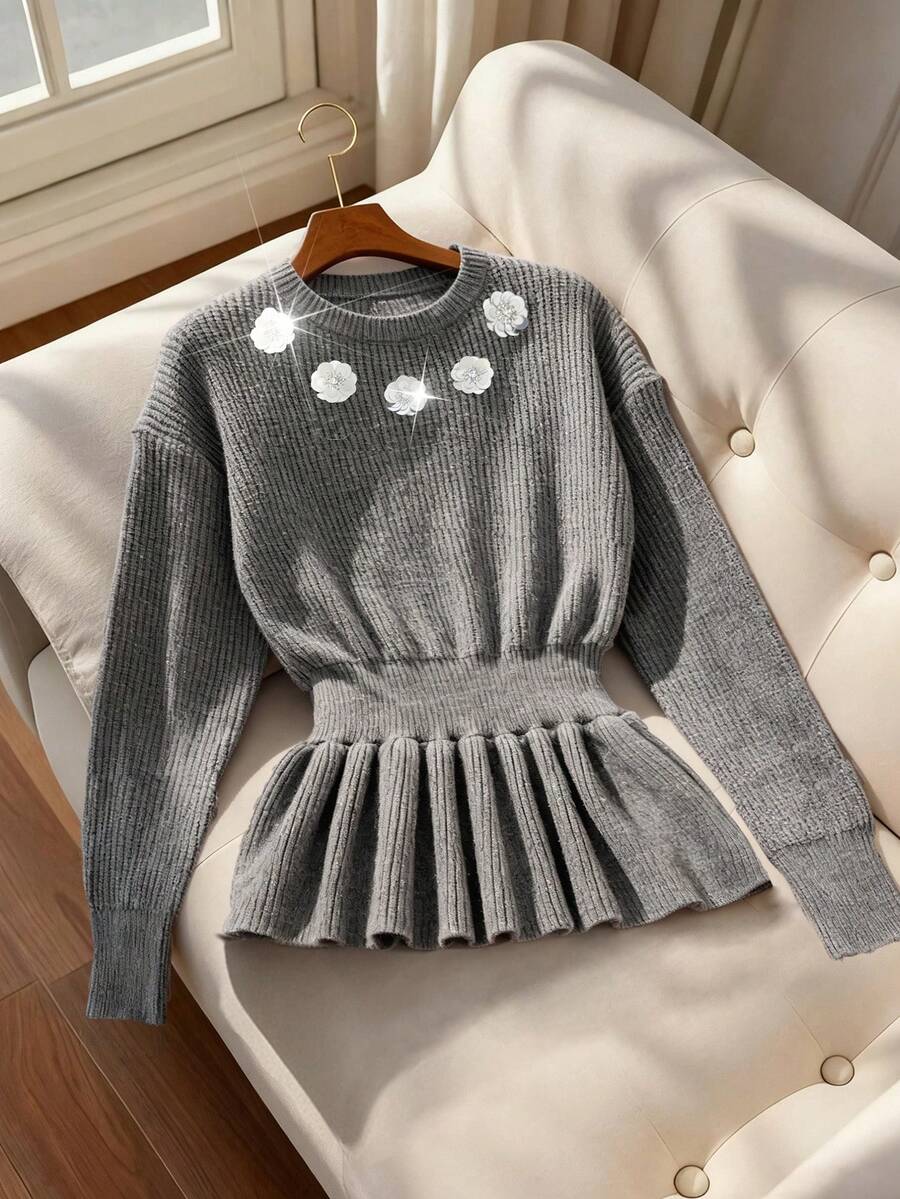 Lyxana Women's Elegant Ruffle Hem Beaded Floral Embellished Fitted Knit Sweater, Autumn/Winter - Grey - View 1
