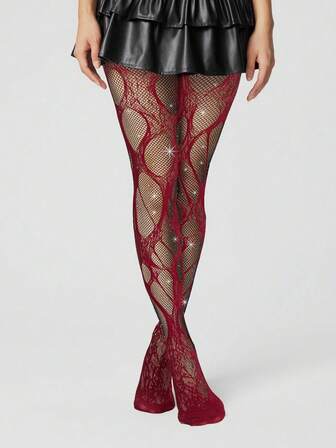 Grunge Punk 1 Paio Di Calzini In Rete Neri Minimalisti Con Diamanti + 1 Paio Di Collant Jacquard Con Motivo Traforato, Set Combinato Di Collant Goth, Versatili Per Uso Quotidiano, Semi-Trasparenti E Sexy, Elastici