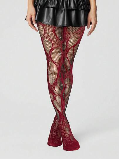 Grunge Punk 1 Paio Di Calzini In Rete Neri Minimalisti Con Diamanti + 1 Paio Di Collant Jacquard Con Motivo Traforato, Set Combinato Di Collant Goth, Versatili Per Uso Quotidiano, Semi-Trasparenti E Sexy, Elastici