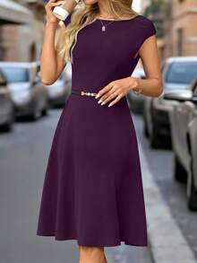 Editum 女式优雅纯黑色针织腰部喇叭短袖圆领百搭舒适休闲迷你连衣裙，春夏 - 紫色 - 查看 3