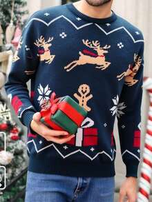 Manfinity RelaxMax Homme Noël Renne et Bonhomme en pain d'épices Motif Col Rond Manches Longues Tricot Décontracté, Automne/Hiver Noël Ce lien peut être utilisé pour la redirection Convient pour les cadeaux de famille assortis pour bébé fille/bébé garçon Thème de pull de Noël Famille Pull de Noël Pull de Renne