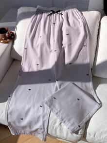 Comfortcana 女士蝴蝶结装饰条纹阔腿宽松休闲裤 - 粉色 - 查看 3