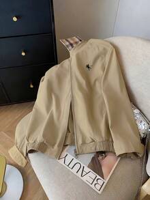 Airaco 休闲宽松拉链撞色图案印花长袖夹克 - 卡其色 - 查看 5