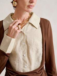 SHEIN Stylify 2025冬季二合一衬衫拼接针织毛衣女款，新款高端亚麻衬衫，优雅通勤时尚上衣，适合情人节、圣诞节、万圣节、新年等节日穿着。 - 米色 - 查看 4