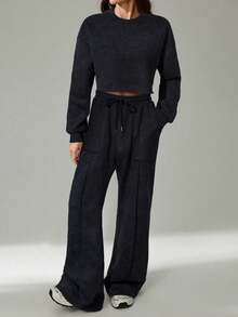 SHEIN Tall 春夏新品音乐节、复活节、纳什维尔、生日派对、毕业典礼、学生休闲装、日常外出、多功能、休闲、度假、邮轮、海滩、日光浴、街头服饰、雪花印花、宽松运动服、2 件套 - 黑色 - 查看 6