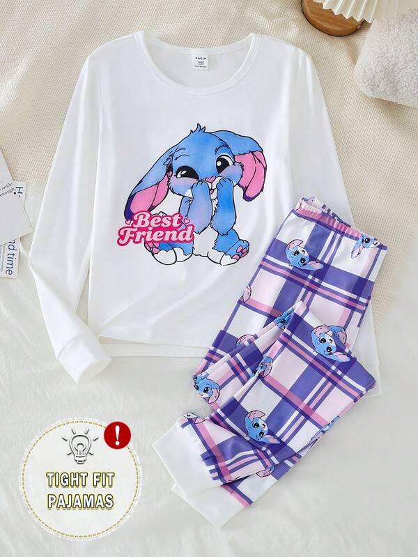Ensemble de pyjama avec Top à manches longues et leggings imprimés de lapin bleu, de lettres et de carreaux pour filles