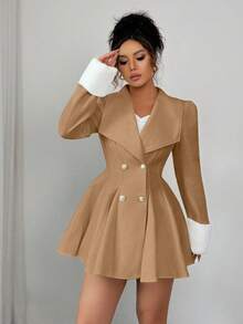 Elenzga 女士貂皮翻领袖口腰部 A 字型优雅日常通勤厚羊毛大衣 - 卡其色 - 查看 3