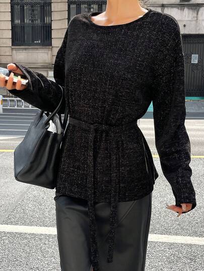 DAZY Autumn/Winter Loose Business Casual Elegant Textured Striped Tie-Up Waist Knit Long Sleeve T-Shirt For Women