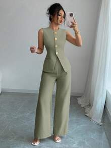 Selianne 女士优雅花卉纽扣装饰休闲/工作套装 - 綠色 - 查看 4