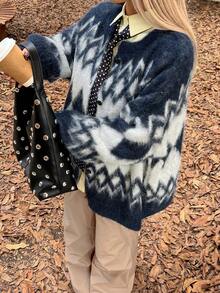 Livesso Autumn/Winter Collegiate Style Casual Business Loose Fit Geometric Pattern Thick Knit Cardigan For Women - Navy Blue - View 6