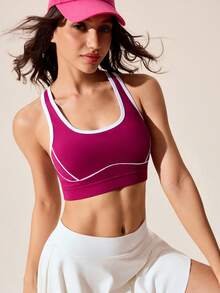 Core Rhythm 女士运动文胸，撞色拼接，背部交叉，可拆卸垫，中等支撑，适合日常休闲穿着、跑步、瑜伽、健身、高尔夫、网球等 - Bold Plum - 查看 3