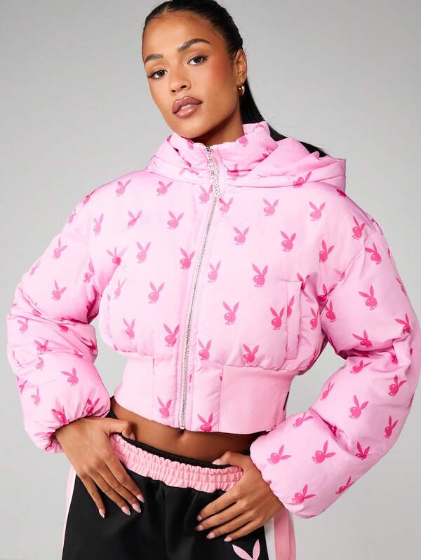 Missguided x Playboy Bunny Print Oversized Hooded Puffer Coat With Cinched Waist Winter Outerwear For Women