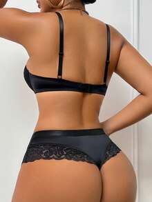 1 Set Women's Underwear With Underwire Bra + Thong Panty, Black - Black - View 2