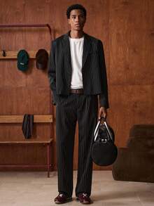 SWAVVY Men's Striped Mandarin Collar Suit Blazer And Pants Set, Business Casual For Commuting, Autumn, Wedding - Multicolor - View 3