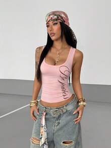 StreetHx 女式黑色百搭通勤 U 领银色英文字母印花街头风修身吊带背心，春夏 - 粉色 - 查看 5