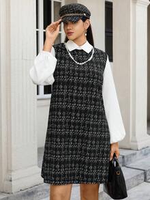 SHEIN LUNE 大码女装秋冬撞色袖衬衫领长袖休闲连衣裙感恩节服装节日派对连衣裙女士派对连衣裙圣诞连衣裙圣诞节服装女式冬季服装冬季连衣裙舒适女装新年服装优雅派对连衣裙亮片连衣裙格子连衣裙黑色连衣裙 - 黑與白 - 查看 1