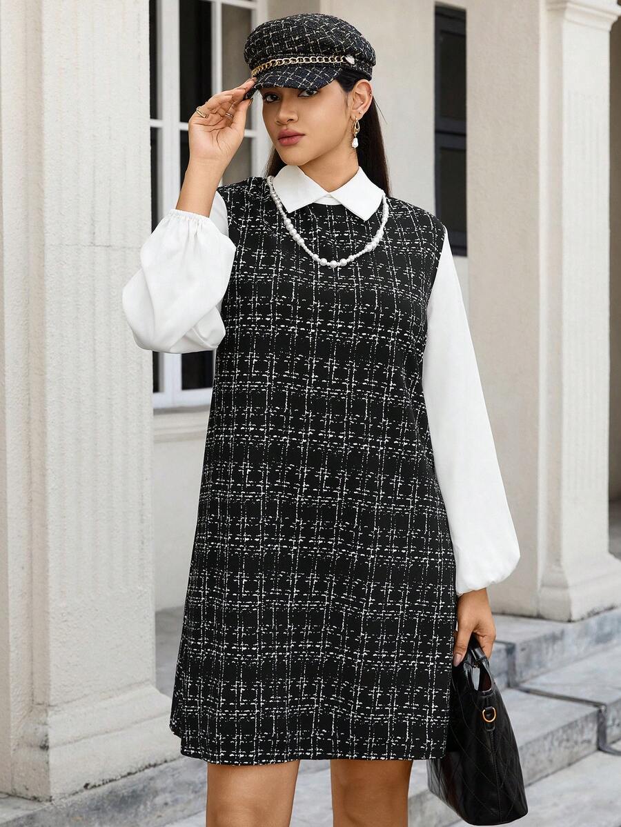 SHEIN LUNE Đầm thường ngày tay dài cổ bẻ phối màu thu đông cỡ lớn cho nữ, trang phục thường ngày Lễ Tạ ơn, đầm dự tiệc ngày lễ, đầm dự tiệc cho nữ, đầm Giáng sinh, trang phục Giáng sinh, quần áo mùa đông cho nữ, đầm mùa đông thoải mái cho nữ, quần áo năm mới, đầm dự tiệc thanh lịch, đầm đính sequin, đầm kẻ sọc, đầm đen - Đen và trắng - Xem 1