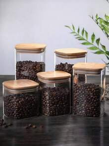Recipiente hermético cuadrado para almacenamiento de alimentos con tapa de bambú - Canister transparente para cereales/té de cocina - transparente - Ver 3