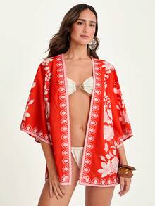 CAJUNI Women's Floral Print Open Front Loose Kimono Cover Up, Suitable For Summer Vacation,Christmas - Red and White - View 3