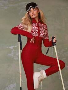 Athîral Autumn/Winter Long-Sleeved Women's Snowflake Pattern Zipper Slim Fit Jumpsuit, Fair Isle Pattern Stand Collar Slim Fit Outdoor Ski Bodysuit, Autumn/Winter Christmas, Snow Lady Outfit, Holiday Women's Clothing, Travel Women's Clothing, Cute Sweater, New Year Women's Clothing, Red Sweater - Red - View 3