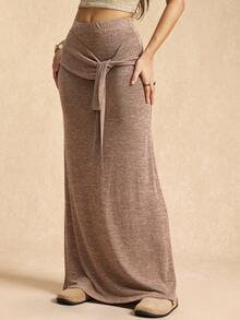 Easelle Vintage Nomadic Brown Low Waist Tie Front Slit Hem Bodycon Maxi Skirt For Women,Chic Elegant Summer Vacation Wrap Around Knit Curve Long Skirt - Brown - View 2