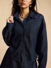 Easelle 女式复古游牧口袋短款牛仔衬衫 - 藍色 - 查看 5