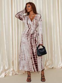 Eryvara Váy quấn tay dài cổ chữ V in họa tiết đầy đủ dành cho nữ - màu nâu - Xem 1