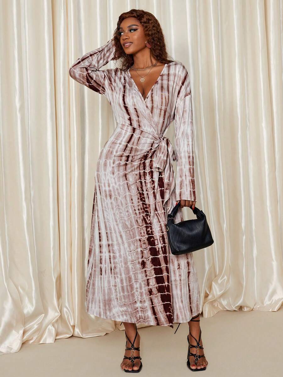 Eryvara Váy quấn tay dài cổ chữ V in họa tiết đầy đủ dành cho nữ - màu nâu - Xem 1