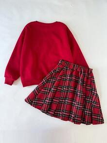 SHEIN 女童服装纯红色圆领刺绣运动衫搭配格子百褶裙女童两件套，红色格子裙套装，圣诞裙套装 - 紅色 - 查看 5