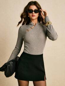 Poéselle 女士纯色旗袍领修身优雅长袖T恤 - 灰色 - 查看 2